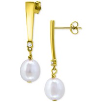 Cultured Freshwater Oval Pearl (10 x 8mm) & Cubic Zirconia Drop Earrings