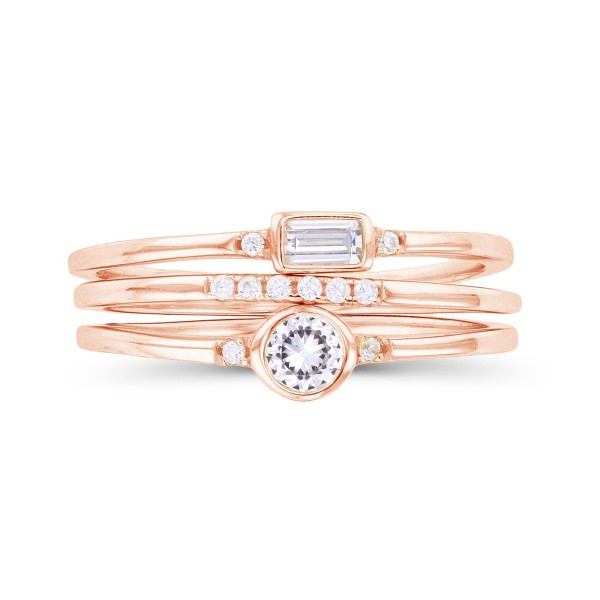Round and Baguette Cubic Zirconia Stacked Ring (1/2 ct. t.w.) in 14 Karat Rose Gold Over Sterling Silver Set, 3 Piece Round and Baguette Cubic Zirconia Stacked Ring (1/2 ct. t.w.) in 14 Karat Rose Gold Over Sterling Silver Set, 3 Piece