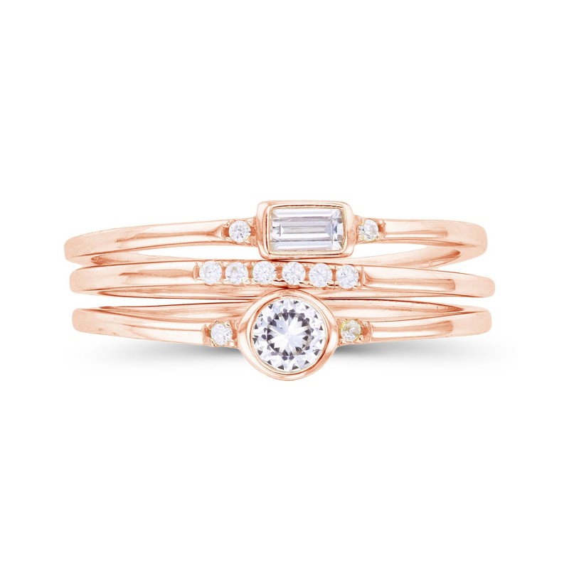 Round and Baguette Cubic Zirconia Stacked Ring (1/2 ct. t.w.) in 14 Karat Rose Gold Over Sterling Silver Set, 3 Piece Round and Baguette Cubic Zirconia Stacked Ring (1/2 ct. t.w.) in 14 Karat Rose Gold Over Sterling Silver Set, 3 Piece