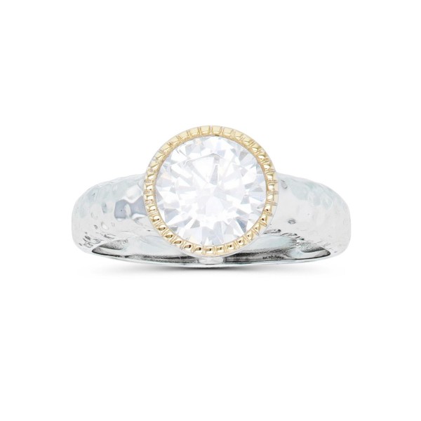 Cubic Zirconia Two Tone Milgrain Bezel Set Hammered Ring Cubic Zirconia Two Tone Milgrain Bezel Set Hammered Ring