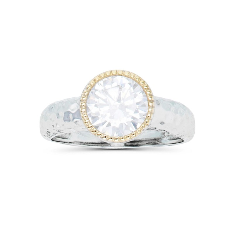 Cubic Zirconia Two Tone Milgrain Bezel Set Hammered Ring Cubic Zirconia Two Tone Milgrain Bezel Set Hammered Ring