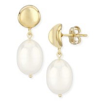 Dapped Disk Pearl(10 x 8mm) Drop Earrings Set in 14k Yellow Gold