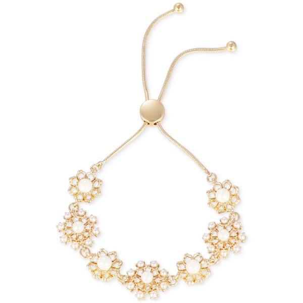 Gold-Tone Imitation Pearl Flower Slider Bracelet Gold-Tone Imitation Pearl Flower Slider Bracelet