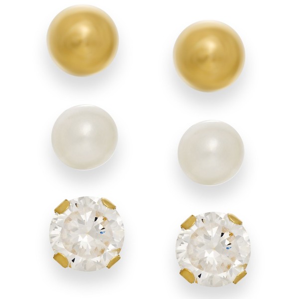 Cultured Freshwater Pearl, Cubic Zirconia and Ball Stud Set in 10k Gold Cultured Freshwater Pearl, Cubic Zirconia and Ball Stud Set in 10k Gold