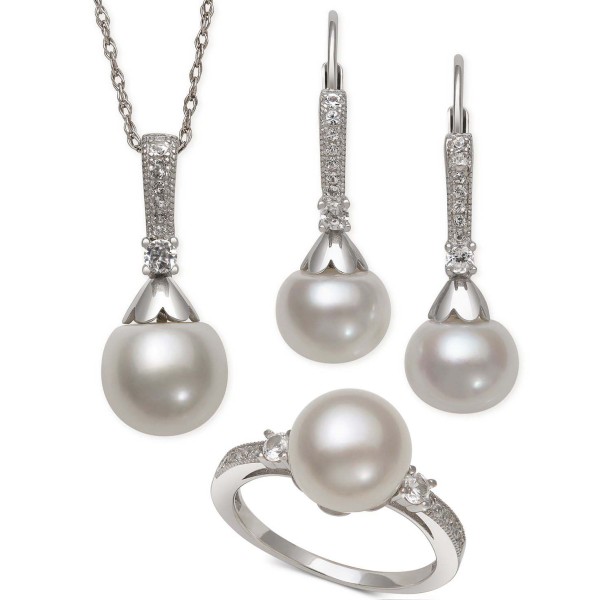 Cultured Freshwater Pearl (8-9mm) & White Topaz (1/2 ct. t.w.) Jewelry Set in Sterling Silver Cultured Freshwater Pearl (8-9mm) & White Topaz (1/2 ct. t.w.) Jewelry Set in Sterling Silver
