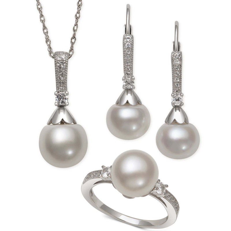 Cultured Freshwater Pearl (8-9mm) & White Topaz (1/2 ct. t.w.) Jewelry Set in Sterling Silver Cultured Freshwater Pearl (8-9mm) & White Topaz (1/2 ct. t.w.) Jewelry Set in Sterling Silver