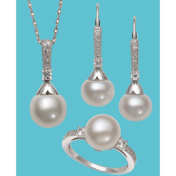 Cultured Freshwater Pearl (8-9mm) & White Topaz (1/2 ct. t.w.) Jewelry Set in Sterling Silver Cultured Freshwater Pearl (8-9mm) & White Topaz (1/2 ct. t.w.) Jewelry Set in Sterling Silver