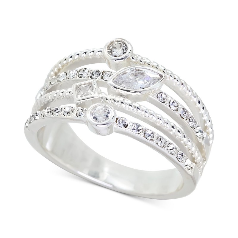 Silver-Tone Mixed Crystal Triple-Row Ring Silver-Tone Mixed Crystal Triple-Row Ring