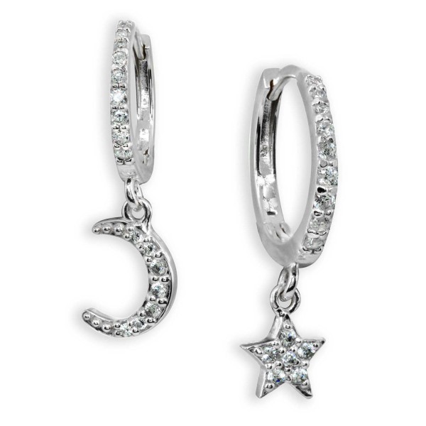 Cubic Zirconia Moon & Star Charm Drop Huggie Hoop Earring in Sterling Silver or 18k Gold Plated Sterling Silver Cubic Zirconia Moon & Star Charm Drop Huggie Hoop Earring in Sterling Silver or 18k Gold Plated Sterling Silver
