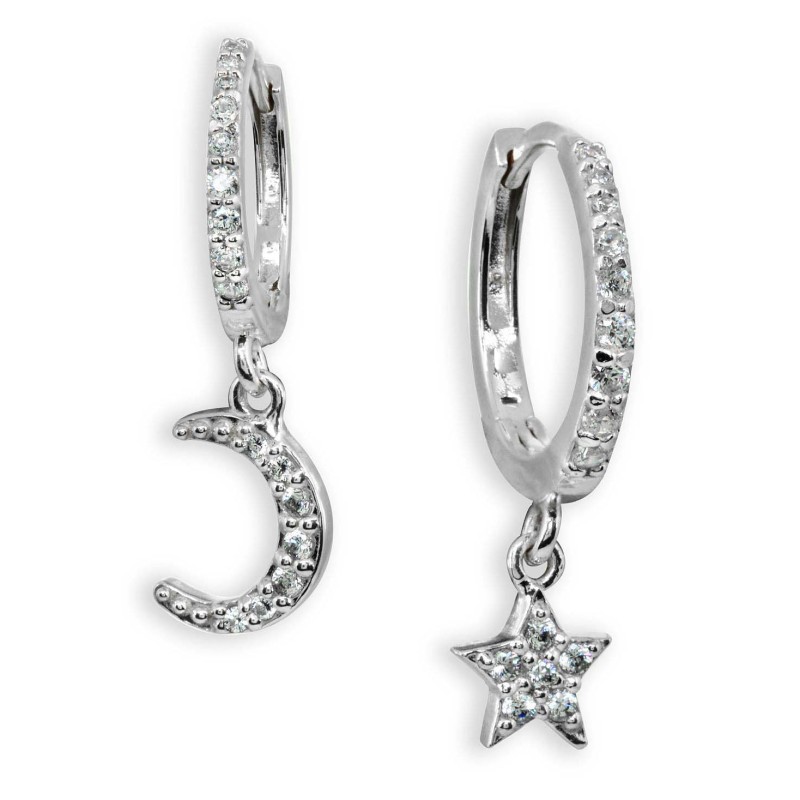 Cubic Zirconia Moon & Star Charm Drop Huggie Hoop Earring in Sterling Silver or 18k Gold Plated Sterling Silver Cubic Zirconia Moon & Star Charm Drop Huggie Hoop Earring in Sterling Silver or 18k Gold Plated Sterling Silver