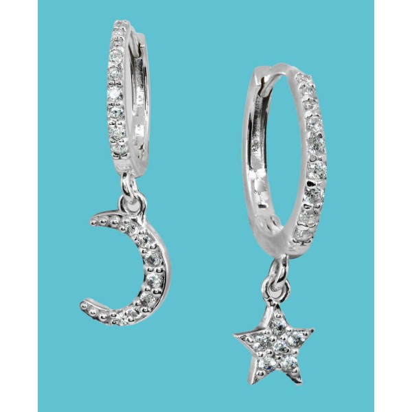 Cubic Zirconia Moon & Star Charm Drop Huggie Hoop Earring in Sterling Silver or 18k Gold Plated Sterling Silver Cubic Zirconia Moon & Star Charm Drop Huggie Hoop Earring in Sterling Silver or 18k Gold Plated Sterling Silver