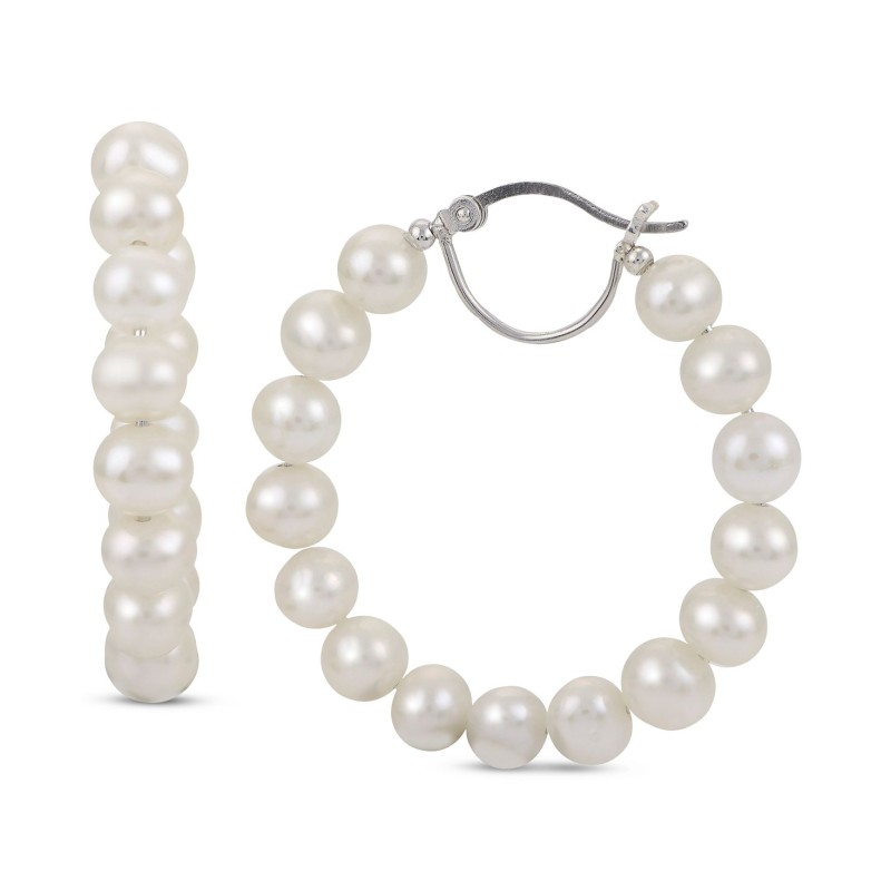 Cultured Freshwater Pearl (5-5-1/2mm) Hoop Earrings in Sterling Silver Cultured Freshwater Pearl (5-5-1/2mm) Hoop Earrings in Sterling Silver