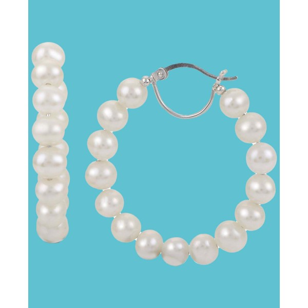 Cultured Freshwater Pearl (5-5-1/2mm) Hoop Earrings in Sterling Silver Cultured Freshwater Pearl (5-5-1/2mm) Hoop Earrings in Sterling Silver
