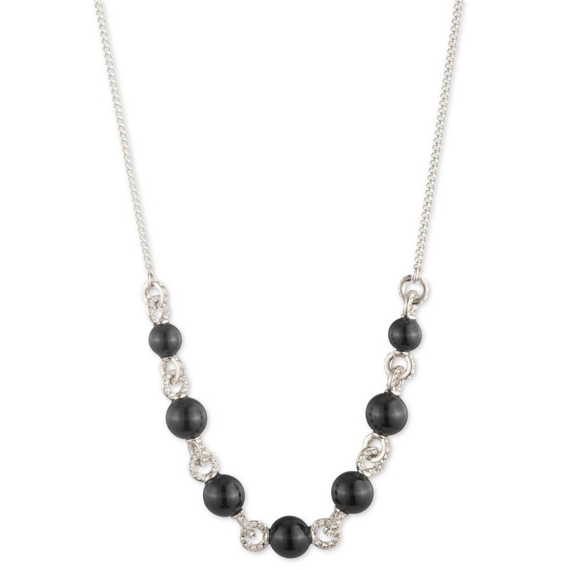 Silver-Tone Black Imitation-Pearl Crystal Frontal Necklace, 16 Silver-Tone Black Imitation-Pearl Crystal Frontal Necklace, 16