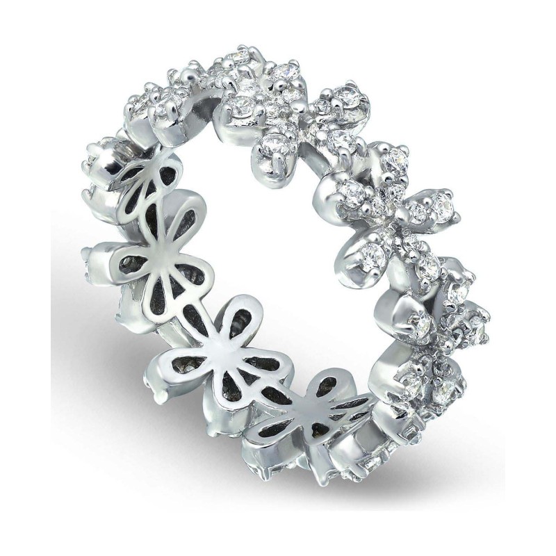 Cubic Zirconia Flower Band Ring in Silver Plate & 18K Gold Plate Cubic Zirconia Flower Band Ring in Silver Plate & 18K Gold Plate