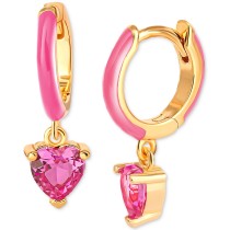 Pink Cubic Zirconia & Pink Enamel Heart Dangle Hoop Earrings in 18k Gold-Plated Sterling Silver Pink Cubic Zirconia & Pink Enamel Heart Dangle Hoop Earrings in 18k Gold-Plated Sterling Silver