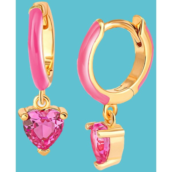 Pink Cubic Zirconia & Pink Enamel Heart Dangle Hoop Earrings in 18k Gold-Plated Sterling Silver Pink Cubic Zirconia & Pink Enamel Heart Dangle Hoop Earrings in 18k Gold-Plated Sterling Silver
