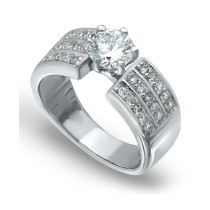 Cubic Zirconia 3 Row Band Ring with Round Prong Set Stone in Silver Plate