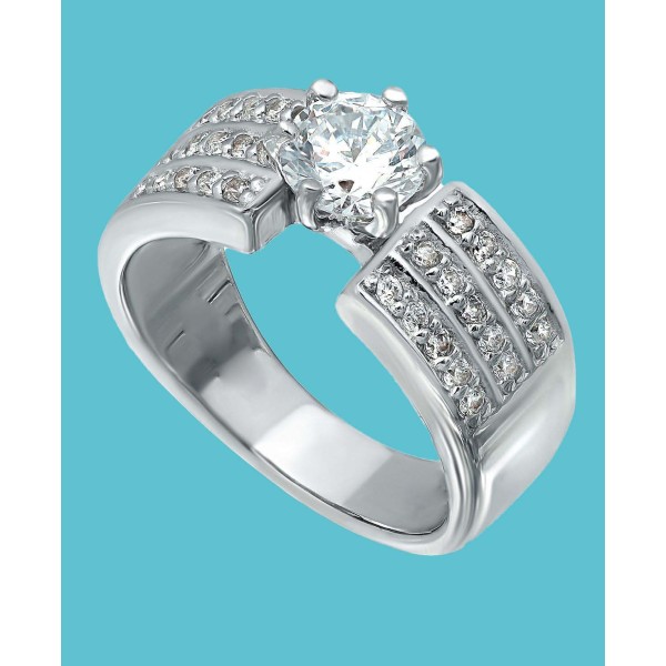 Cubic Zirconia 3 Row Band Ring with Round Prong Set Stone in Silver Plate Cubic Zirconia 3 Row Band Ring with Round Prong Set Stone in Silver Plate