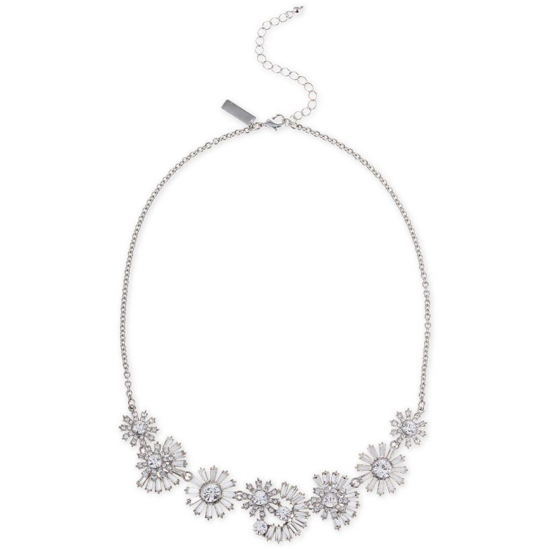 Silver-Tone Mixed Crystal Flower Statement Necklace, 18 Silver-Tone Mixed Crystal Flower Statement Necklace, 18