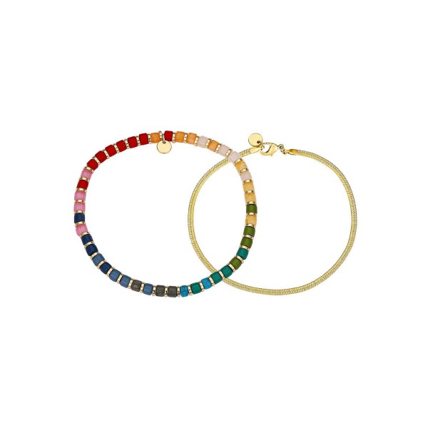 Multi Color Bead and 14K Gold Plated Bracelet Set, 2 Pieces Multi Color Bead and 14K Gold Plated Bracelet Set, 2 Pieces