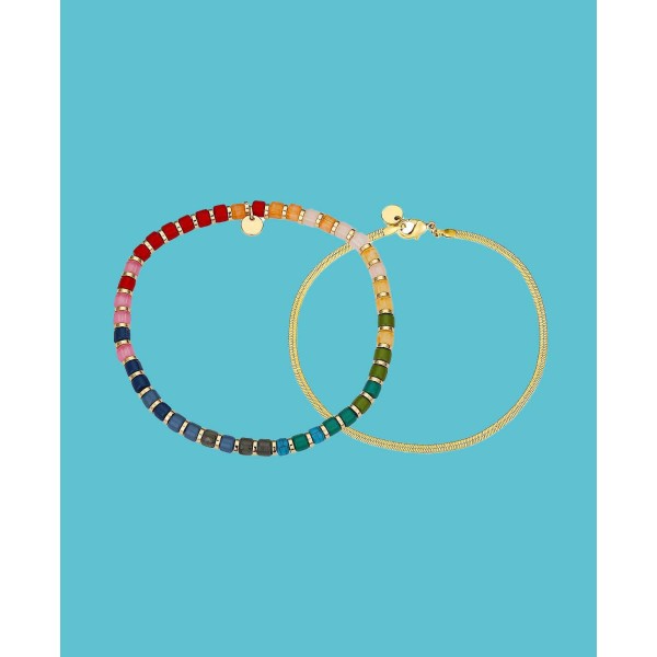 Multi Color Bead and 14K Gold Plated Bracelet Set, 2 Pieces Multi Color Bead and 14K Gold Plated Bracelet Set, 2 Pieces