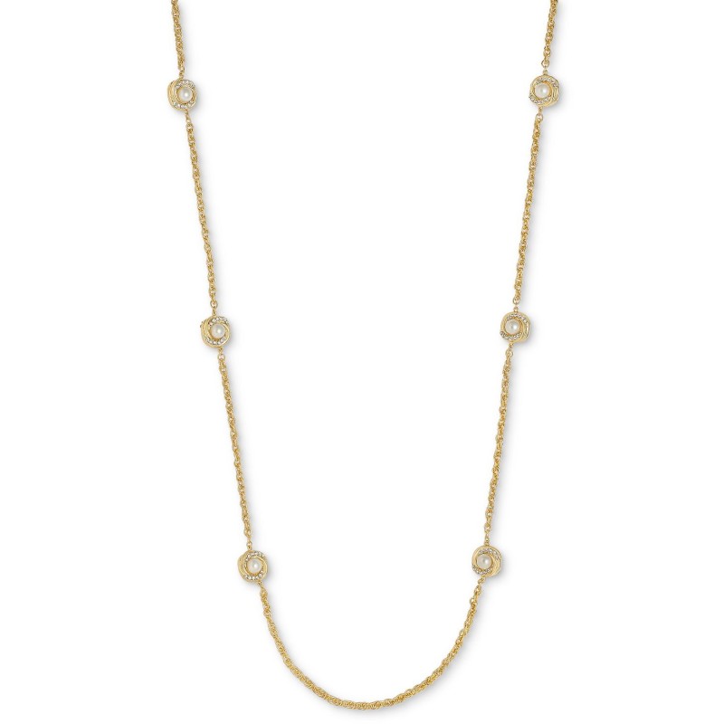 Gold-Tone Pavé & Imitation Pearl Station Necklace, 42 Gold-Tone Pavé & Imitation Pearl Station Necklace, 42