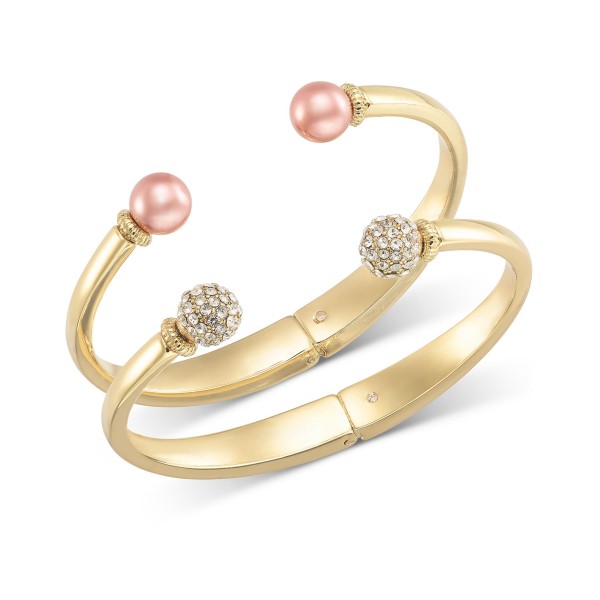 Gold-Tone 2-Pc. Set Pavé Fireball & Pink Imitation Pearl Cuff Bracelets Gold-Tone 2-Pc. Set Pavé Fireball & Pink Imitation Pearl Cuff Bracelets