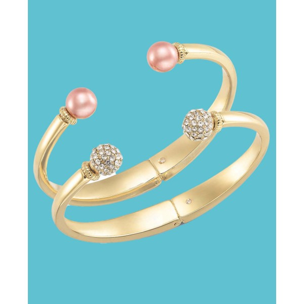 Gold-Tone 2-Pc. Set Pavé Fireball & Pink Imitation Pearl Cuff Bracelets Gold-Tone 2-Pc. Set Pavé Fireball & Pink Imitation Pearl Cuff Bracelets