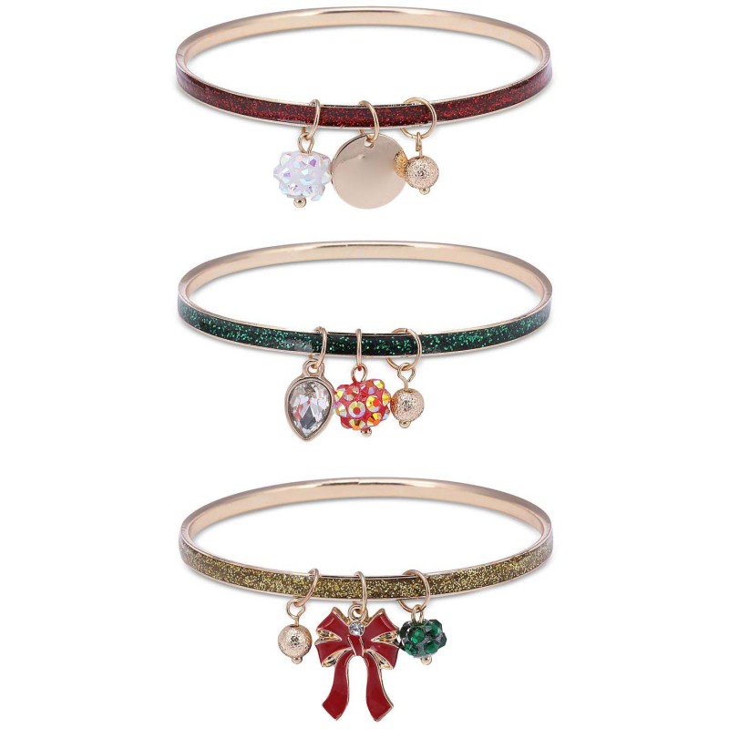 Gold-Tone 3-Pc. Set Garland Charm Glitter Bangle Bracelets Gold-Tone 3-Pc. Set Garland Charm Glitter Bangle Bracelets