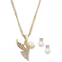 Gold-Tone Pavé & Imitation Pearl Angel Pendant Necklace & Stud Earrings Set