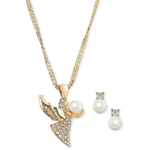 Gold-Tone Pavé & Imitation Pearl Angel Pendant Necklace & Stud Earrings Set Gold-Tone Pavé & Imitation Pearl Angel Pendant Necklace & Stud Earrings Set
